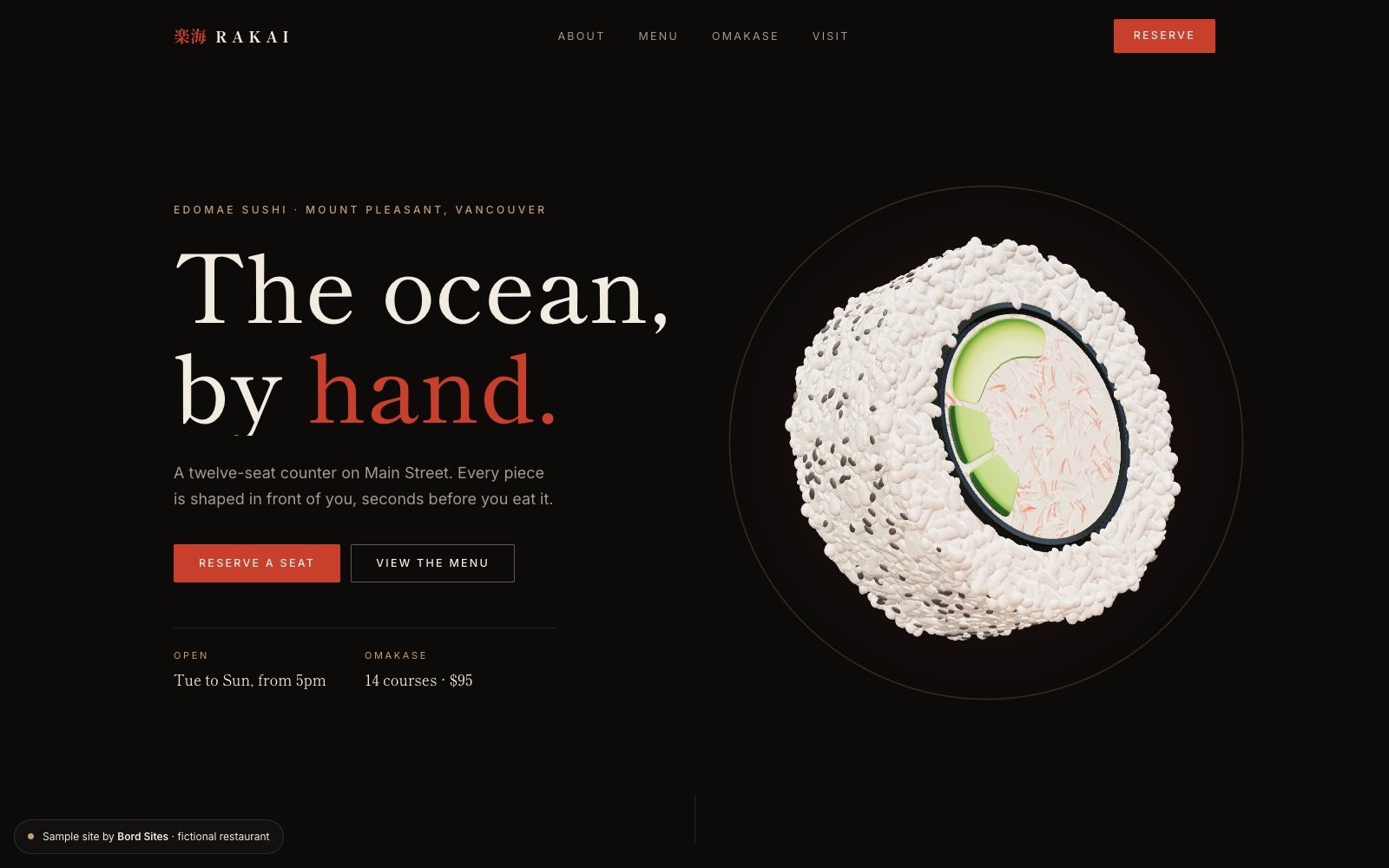 The Rakai Sushi example website, with a 3D California roll beside the headline “The ocean, by hand.”